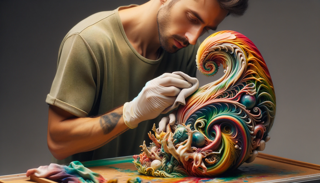 a guy cleaning a resin sculpture