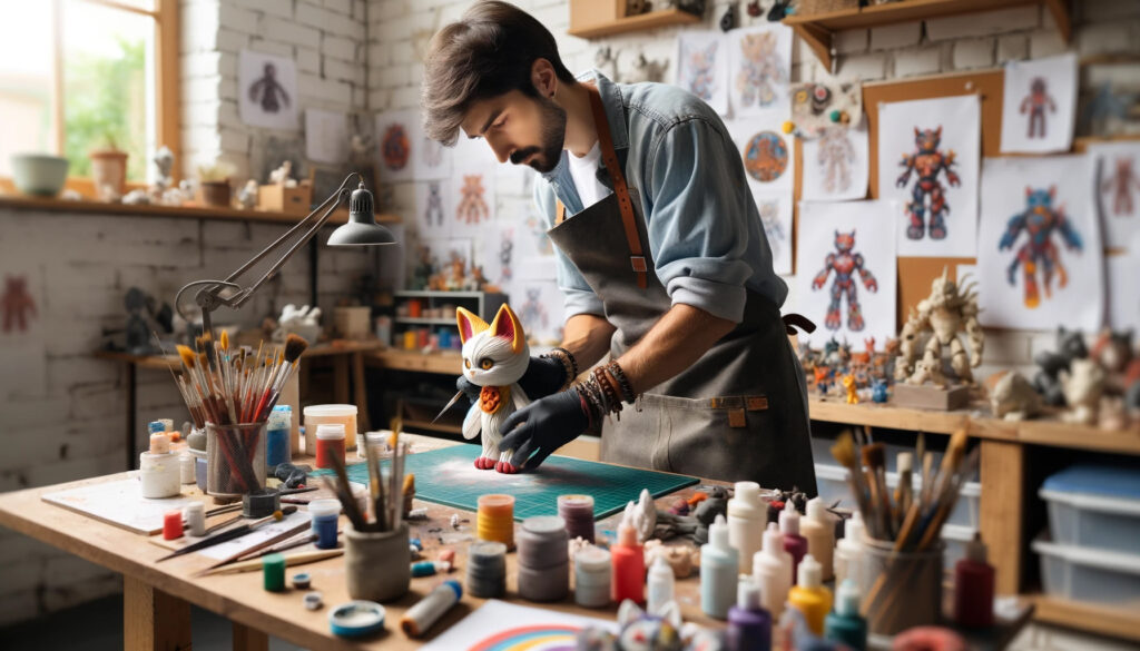 An artist painting an art toy in his workshop