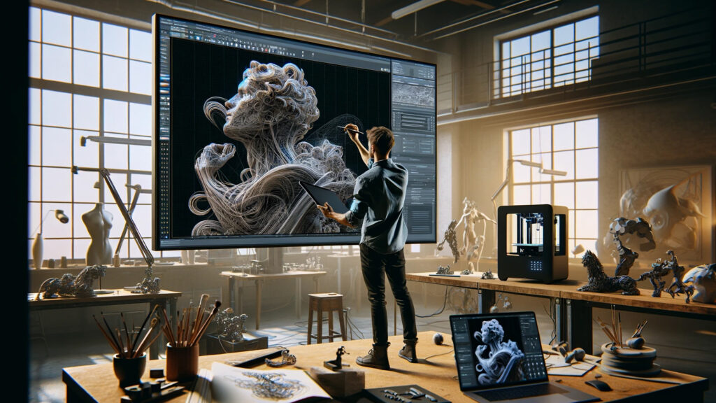 An artist using Artificial Intelligence on a sculpture